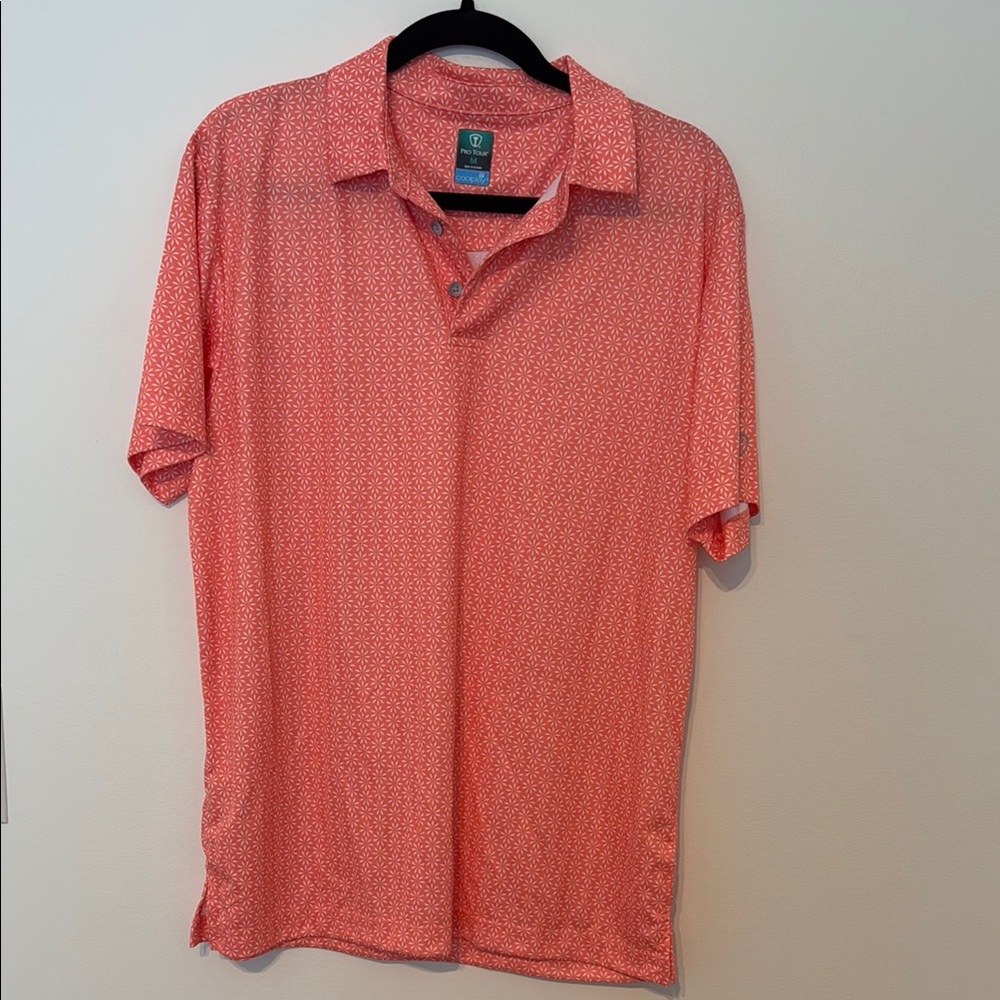 Pro Tour Coolplay Mens Medium Polo Shirt Orange Floral Geometric Golf Tee